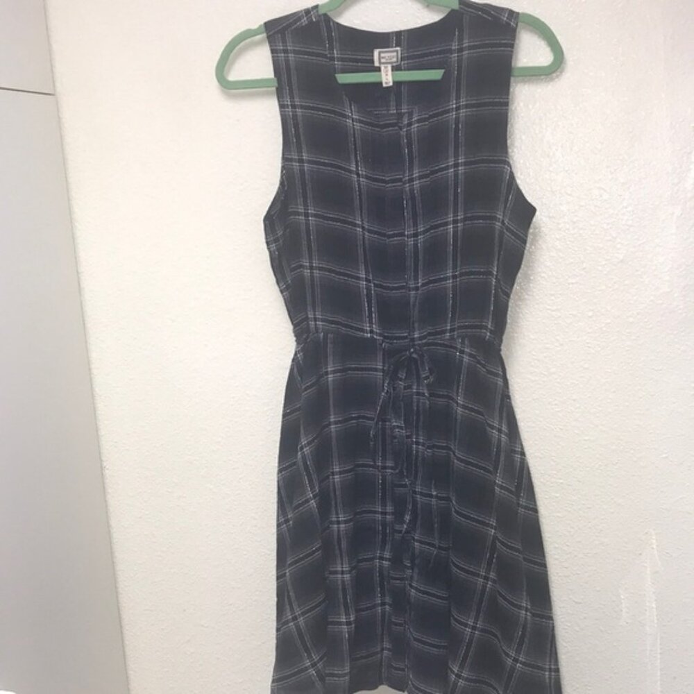 Mo:vint NYC Silver Metallic Black Plaid Women’s Small Sleeveless Dress Tie Waist